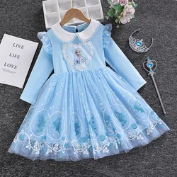 2024 Autumn Winter Kids Frozen Elsa Dress Peter Pan Collar Baby Girls Dresses Princess Party Costume For Children Outfit Clothes