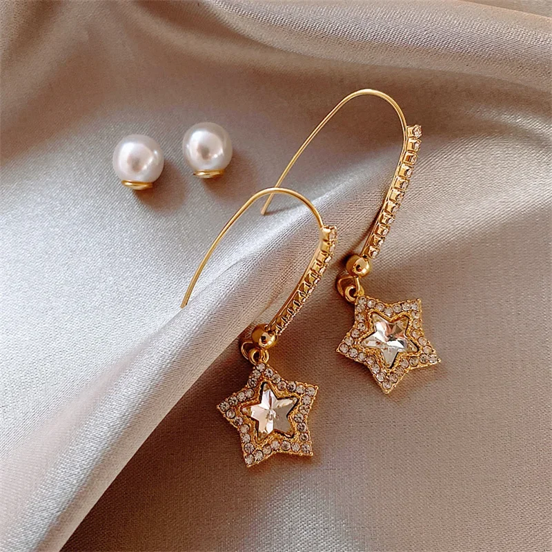 Fashion Elegant Delicate Stars Inlay Diamond Pearl Dangle Earrings For Women Party Birthday Custom Jewelry