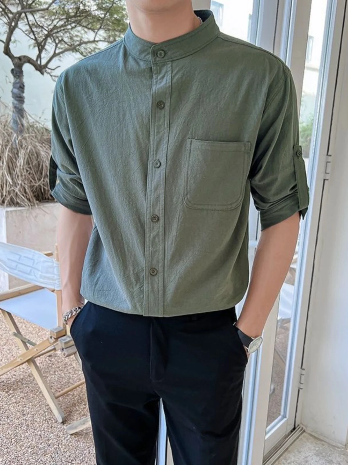 

Льняная хлопковая повседневная рубашка свободного кроя для мужчин, летняя, дышащая, легкая, с воротником-стойкой, на пуговицах, модная мужская одежда