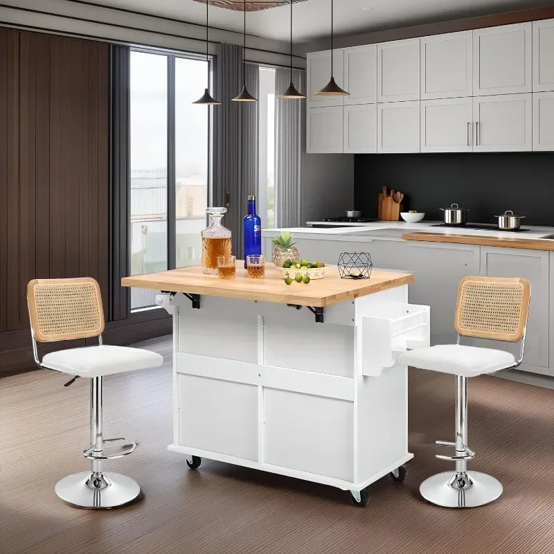 LRolling Kitchen Island With Drop Leaf, Thicken Rubberwood Top, Spice Rack, Towel Rack, Drawer, 43.3