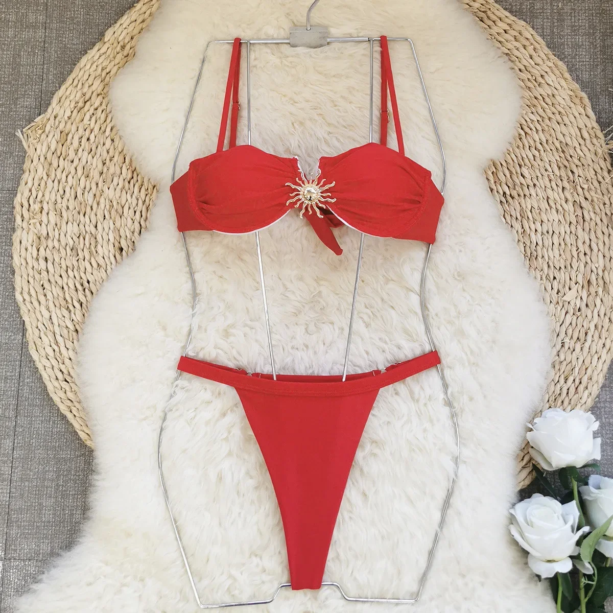 Sexy Bikini Set Pleated Detail - Adjustable Straps Stylish Solid Beach Wear Parties Bathing Suit Beachwear Biquine Brasileiro