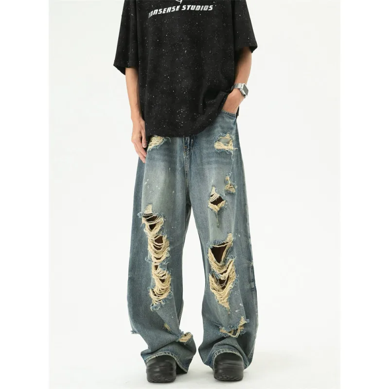 Dropped Multi Broken Holes Baggy Jeans Men Streetwear Hip Hop Vintage Loose Wide Leg Denim Jeans Pants Trousers