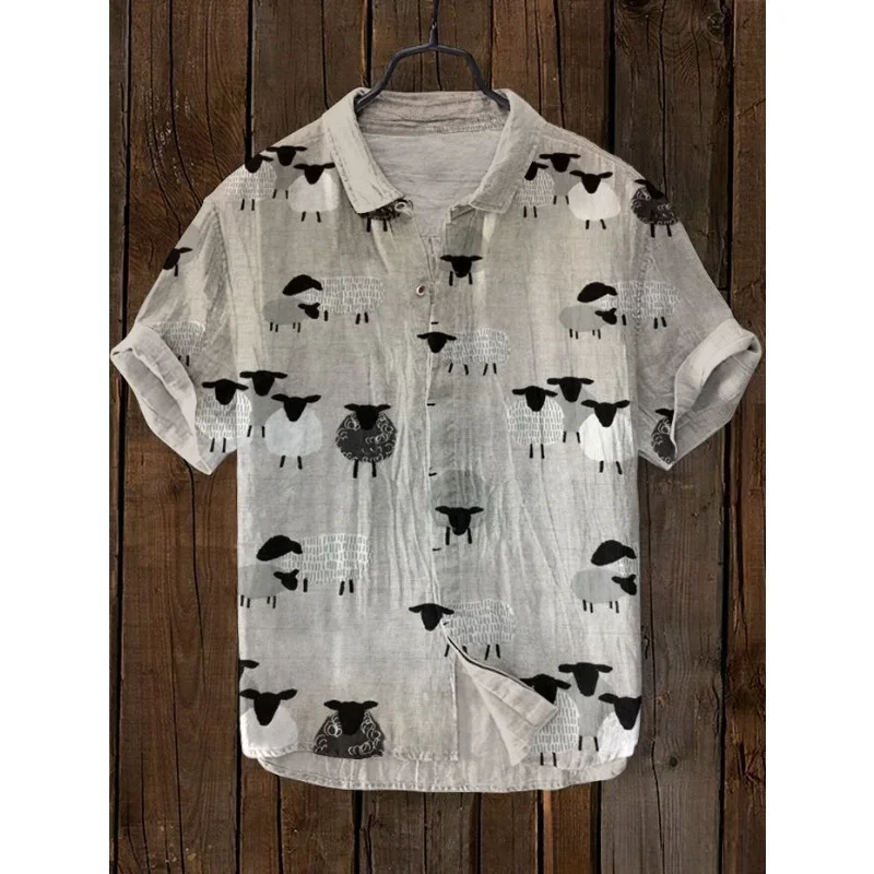 Camisa informal de mezcla de lino con estampado de cabra india y loto para hombre, ropa de calle estilo campestre Harajuku, camisas informales Hipster con botones