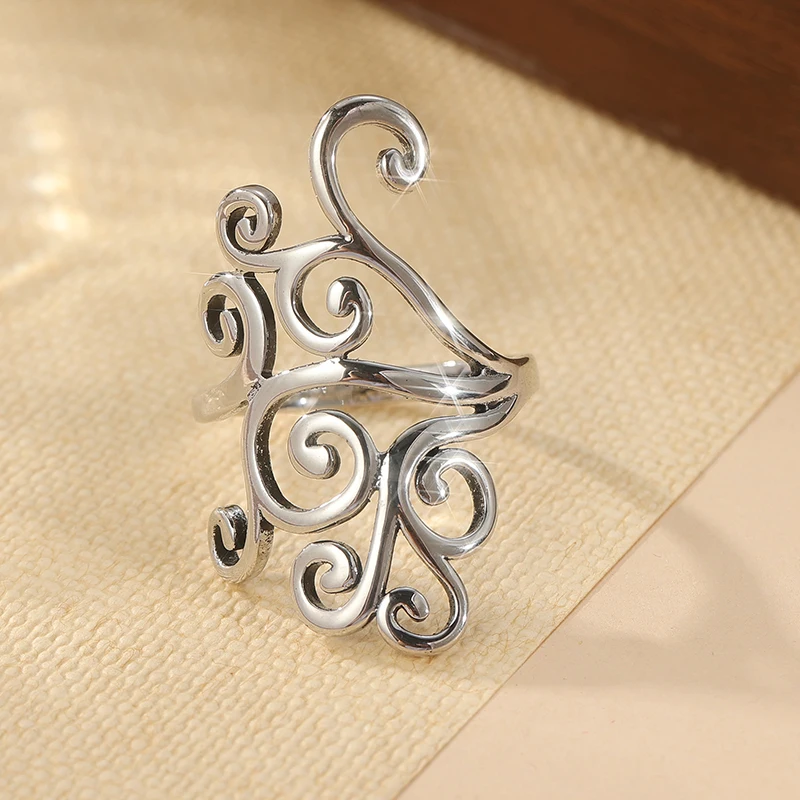 Vintage-Ring aus silberfarbenem Metall mit handgeschnitztem Hohlmuster für Damen, für den täglichen Gebrauch, Partyschmuck – Detail 1