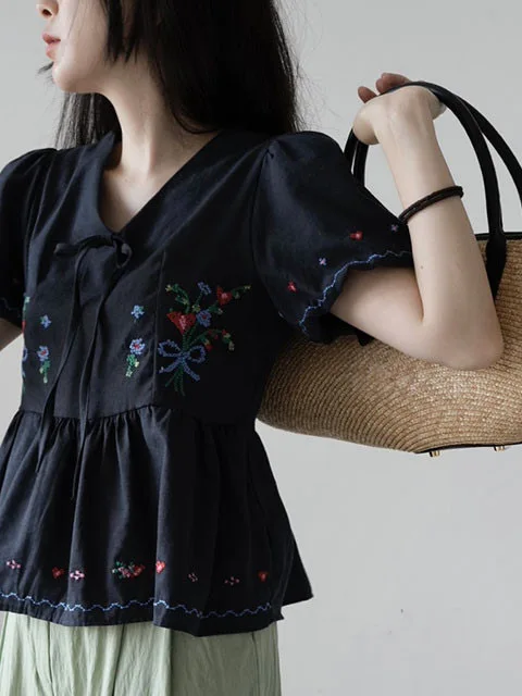 Süße bestickte irt Damen Faion Vintage Floral V-ne ort Sve Sommer Krawatte Puppe Top Altersreduzierung Kleidung