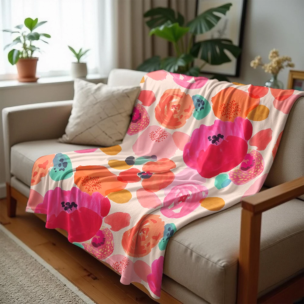Bright Watercolor Flower Cartoon Anime Print Flannel Blanket Soft Warm Throw for Kids Bedroom Sofa Bed Christmas Office Car