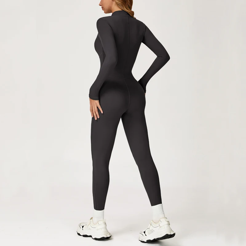 VITALINOVO Fleece Lined Long Sleeve Jumpsuits for Women Full Zipper Bodysuit Workout Full Length Bodycon Scrunch Leggings Onesis