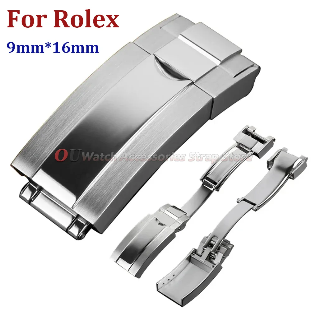 Fermoir déployant en acier inoxydable 9 mm x 16 mm pour bracelet de montre Rolex Submariner Oysterflex Daytona GMT, boucle de montre à double sécurité pliable