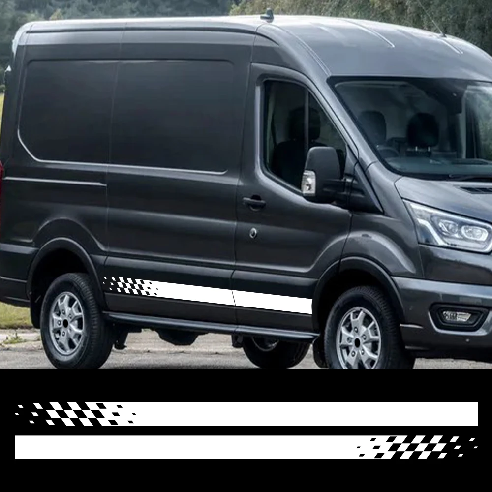 Gradient Checkered Racing Side Stripes Vinyl Sticker For Ford Transit Custom 2013‑2023 Van, PVC Self‑Adhesive Waterproof Decals
