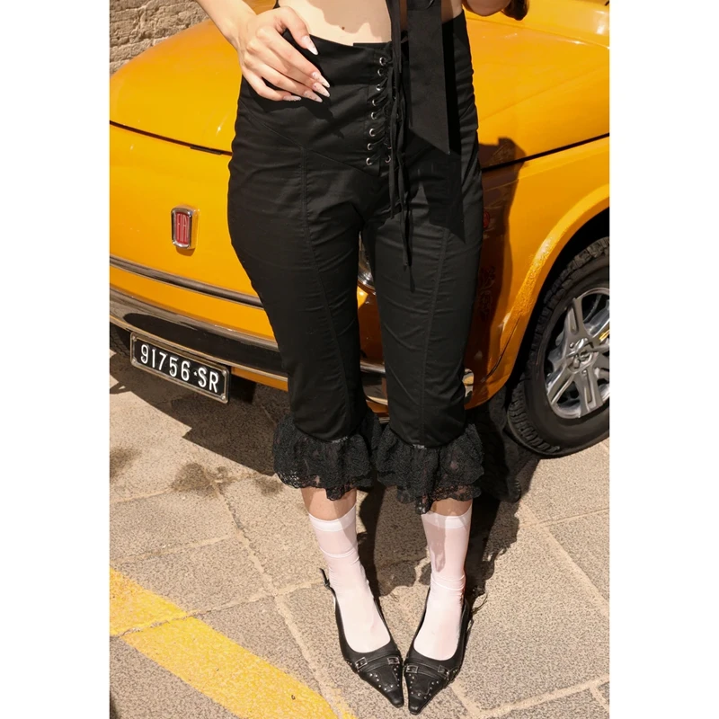 Women's Y2k Capri Pants Front Cross Tie-Up Layered Lace Ruffles Hem Patchwork Cropped Pants Summer Coquette Leggings