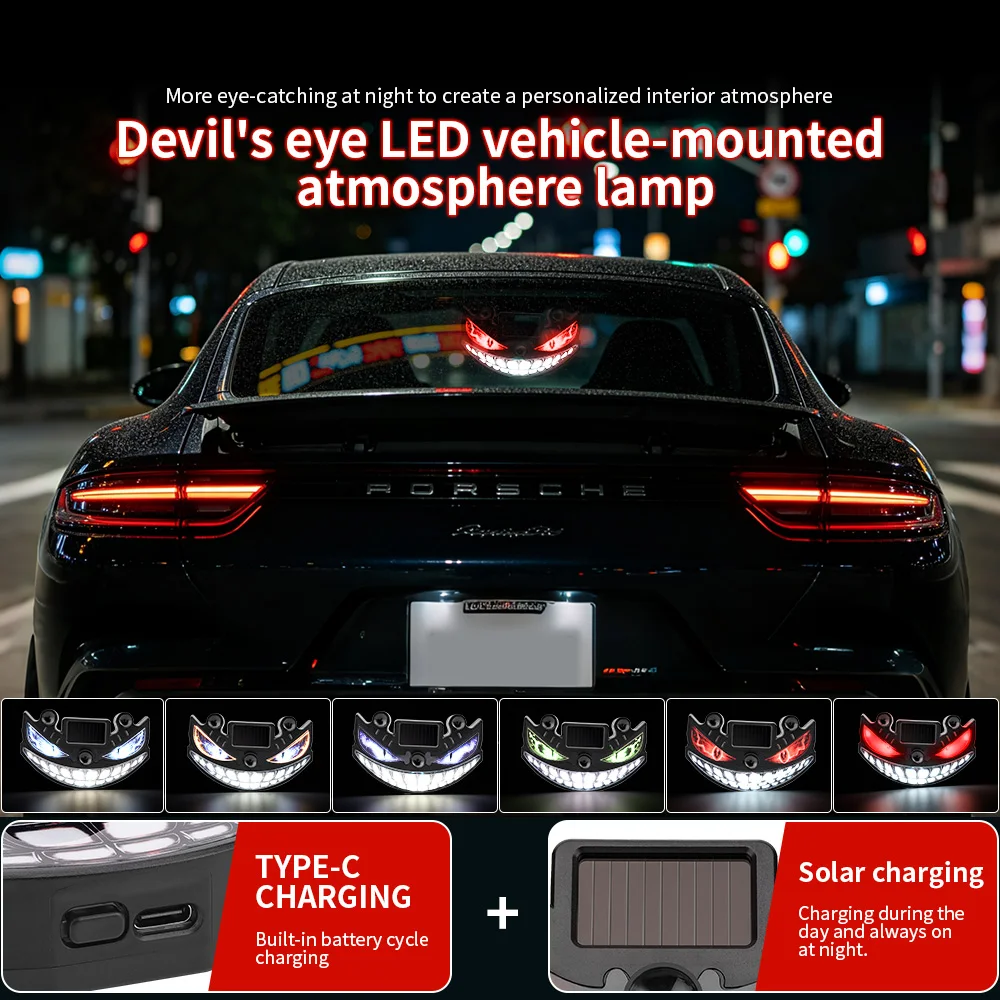 Solar Devil's Eye Dynamic LED Warning Decor Light Wireless Solar‑Charging Multi‑Mode Strobe Lamp Suction‑cup Mount For Car Truck