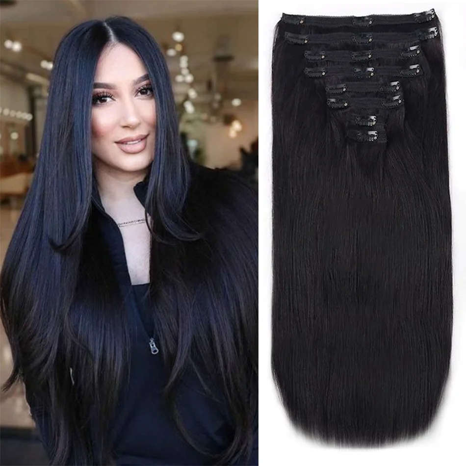 Clip In Hair Extension 100% Natural Human Hair 1B Dark Brown Clip-On HairPiece Full Head 14-26 Inch 120Grams For Salon Supply