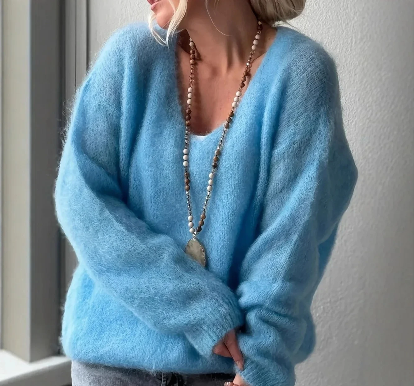 

Мягкий уютный женский свитер с длинным рукавом и v-образным вырезом, однотонный, ленивый стиль, осенне-зимний пуловер, рубашка