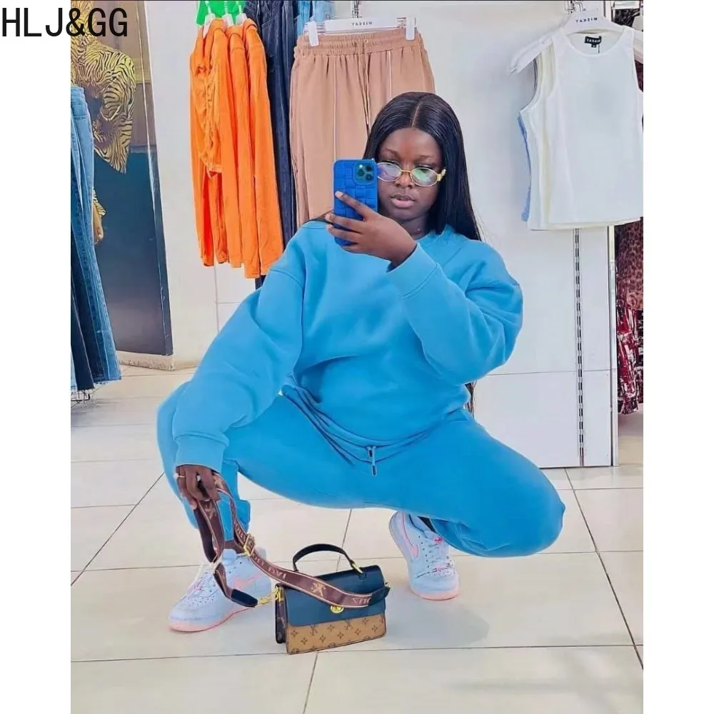HLJ&GG Blue Fall Winter Solid Color Jogger Pants Tracksuits Women Round Neck Long Sleeve Pullover + Pants Two Piece Sets Outfits