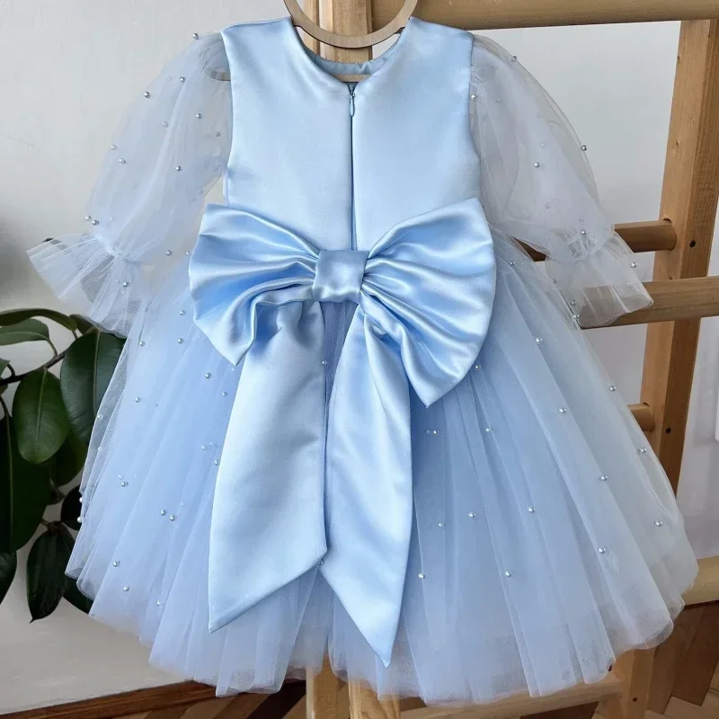 Birthday Party Holy Communion Gowns Flower Girl Dresses Blue Tulle Puffy Pearls With Bow Long Sleeve For Wedding