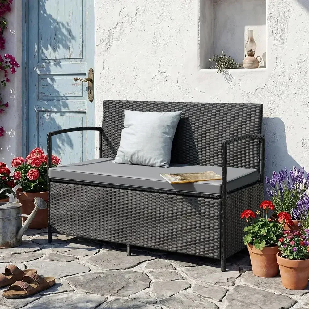 All-Weather Wicker Loveseat with Storage and Cushions for Outdoor Patio and Backyard (Black)