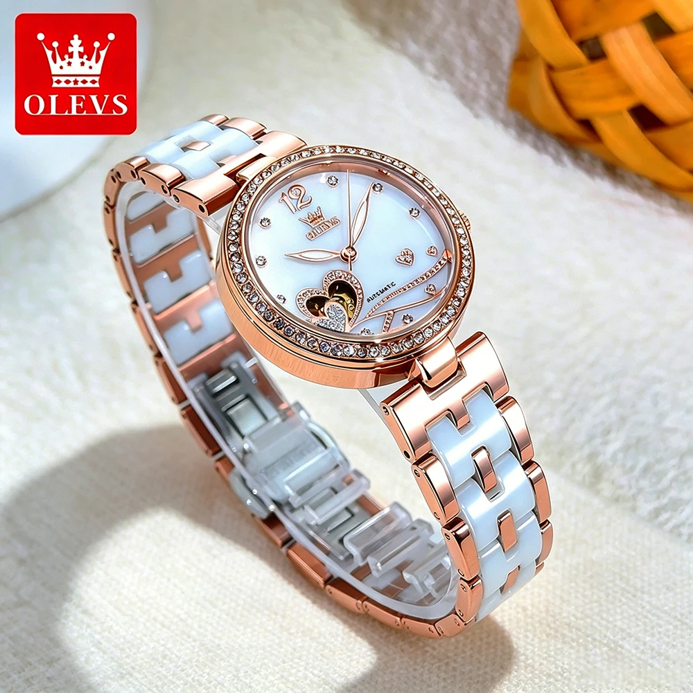 OLEVS Women's Watches Elegant Fashion Ceramic Strap Rose White Original Automatic Mechanical Wristwatch Love Dial Waterproof New