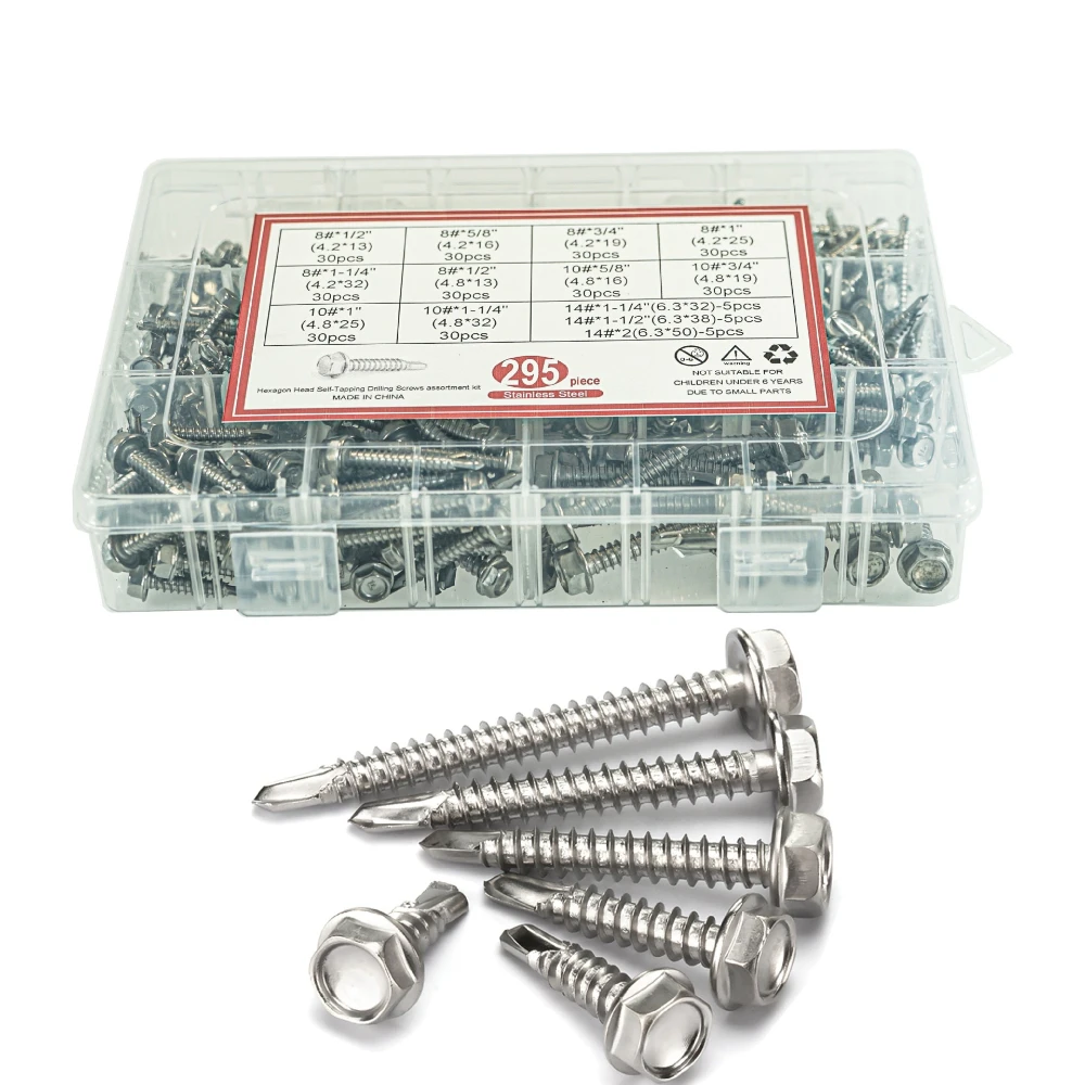 

295Pcs 410 Stainless Steel Dovetail Self-tapping Screws Self-drilling Screws 8/10/14# Hexagon Socket Hwasi Drill Tail Screws