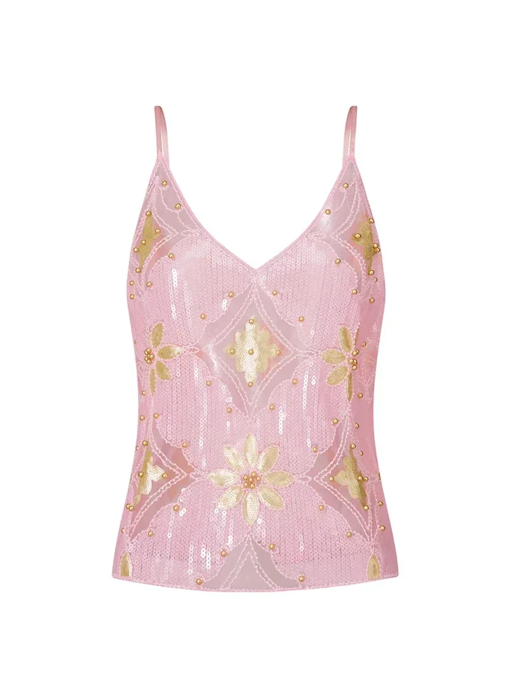 Women's Hot Sweet Sequin Bead Crop Tops Sexy Sling Slim Fit Short V-neck Straight Tank Top Korean Fashion Y2k Clothing - view 5
