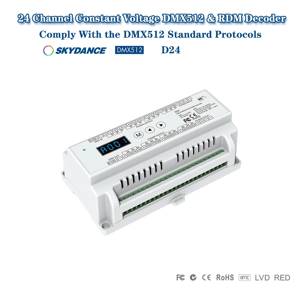 

Skydance D24 DC12-24V 24 Channel RGB 8/16bit DIN Rail DMX controller RGB LED Strip Light Dimmer stage light RDM DMX512 Decoder