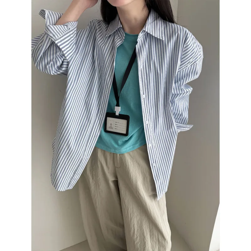 

Korean Vertical Striped Casual Shirts For Women Spring Lapel Loose Long Sleeve Cotton Shirt Tops