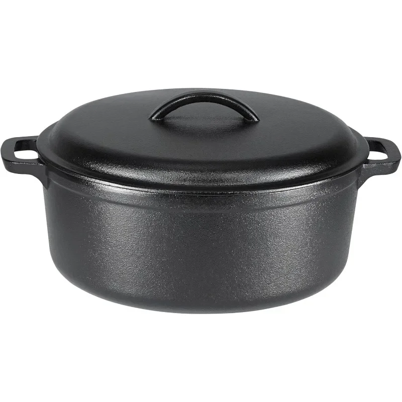 Round Pre-Seasoned Cast Iron Dutch Oven Pot with Lid and Dual Handles, Heavy-Duty & Large, 7-Quart, Black