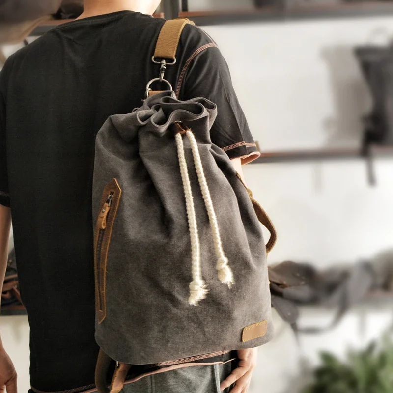 American-Style Canvas Backpack Shoulder Bag round Bag Retro Package Sports Gym Bag Backpack Bucket Bag Men