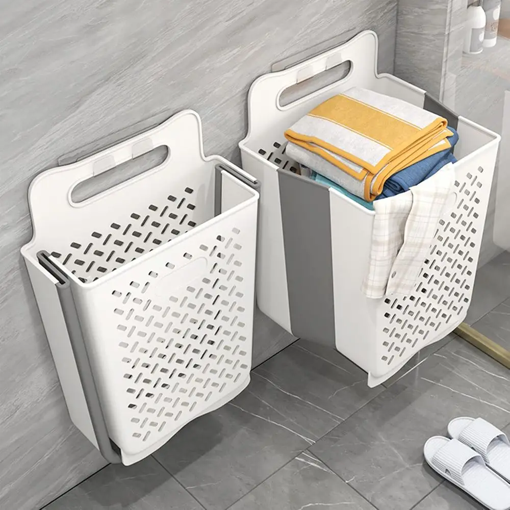 Wall-mounted Collapsible Laundry Basket, Tall Plastic Hamper or Dirty Clothes, Punch-ree Storage Bins with Sot Handle, or Organi
