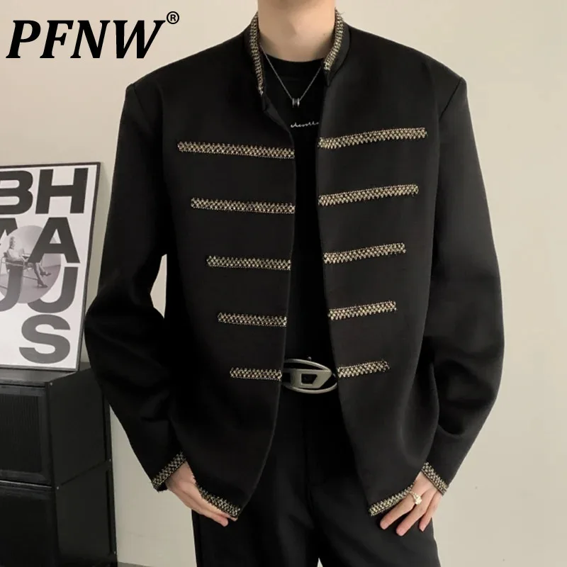 PFNW Chinese Style Men's Jackets Casual Shoulder Pads Contrast Color Stand Collar New Autumn Male Coats Fashion Menwear 12C919