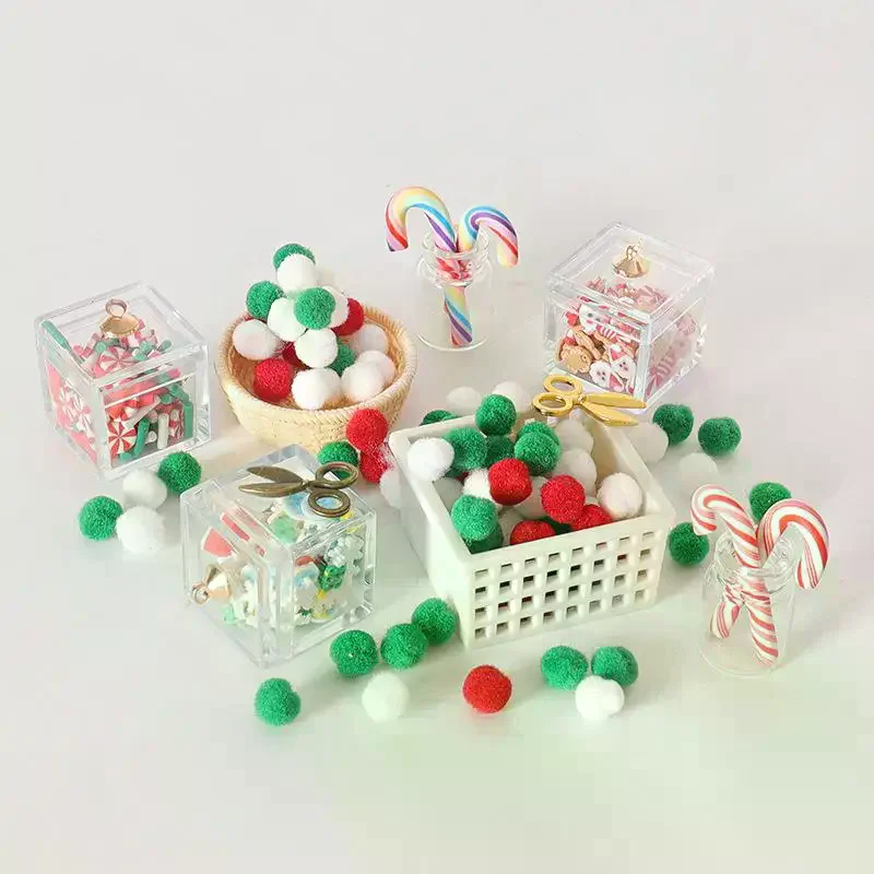1 Juego de simulación de casa de muñecas, caja de Navidad, modelo de bastón de caramelo, adorno hecho a mano, tijeras DIY, accesorios de decoración de cesta de escena