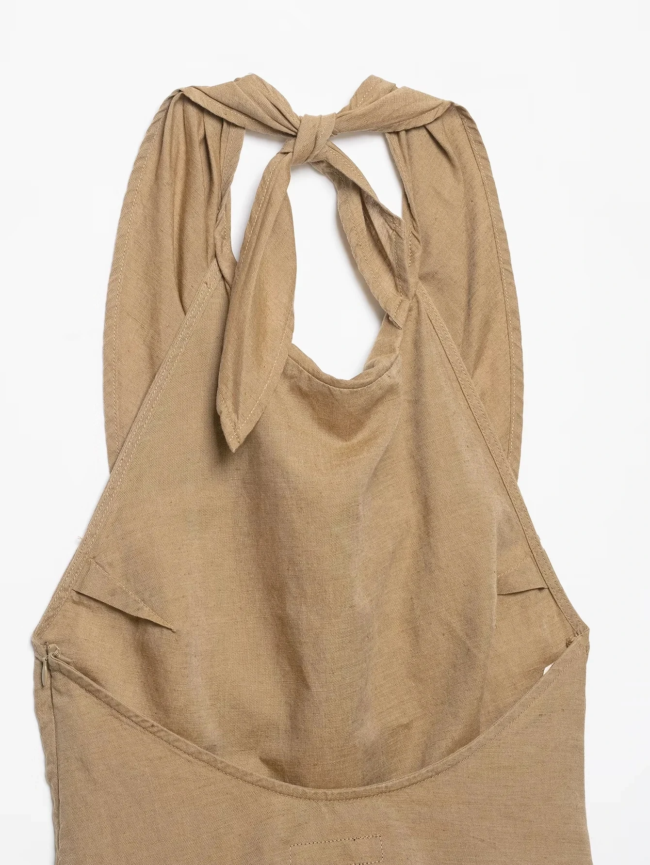 KONDALA Vintage Khaki Einfarbiger Damenanzug, Neckholder Ärmellos Rückenfrei Plissiert Schmal Geschnittene Weste, Weite Hose, Modische Elegante Sets für Herbst 2026 – Detail 8