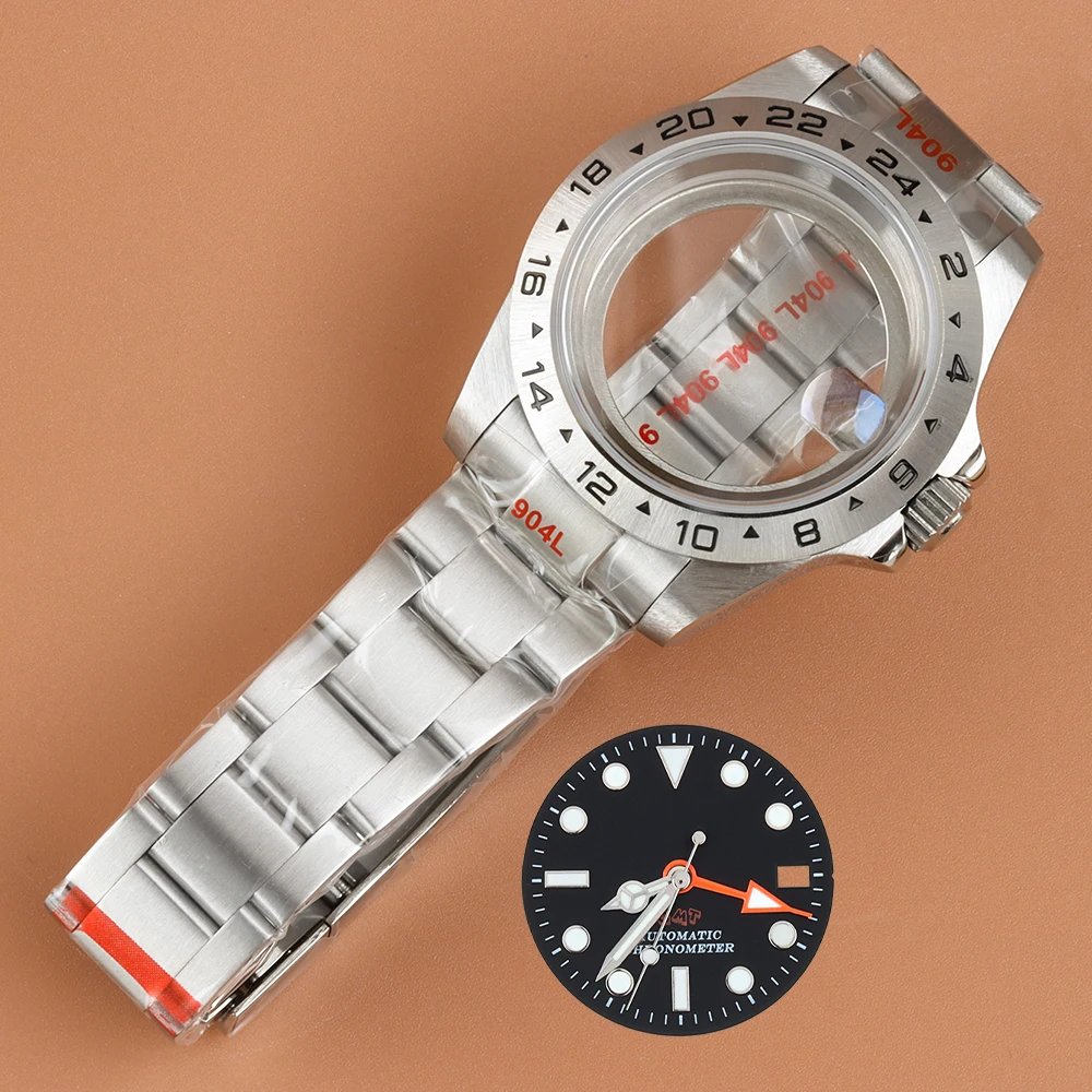 39mm NH34 Watch Case 24 hour Stainless Steel Bezel Oyster Strap For Explorer GMT NH34 Movement 28.5mm Dial Hands Green Luminous
