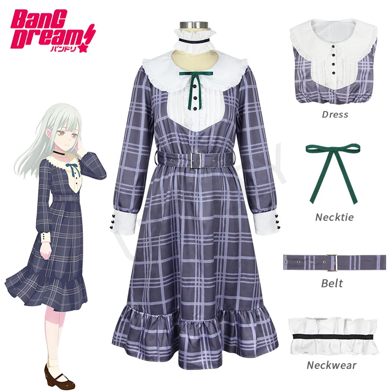 

Anime BanG Dream! Wakaba Mutsumi Cosplay Costume Set Purple Plaid Dress with Detachable White Collar Green Tie Belt Neckwear