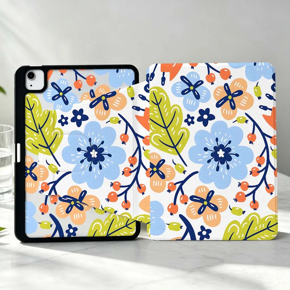 Cartoon Flower Design For iPad Pro Air mini 6 5 4 12th M5 M4 M3 M2 A16 A17Pro 360° Rotation Stylus Storage Tablet Case