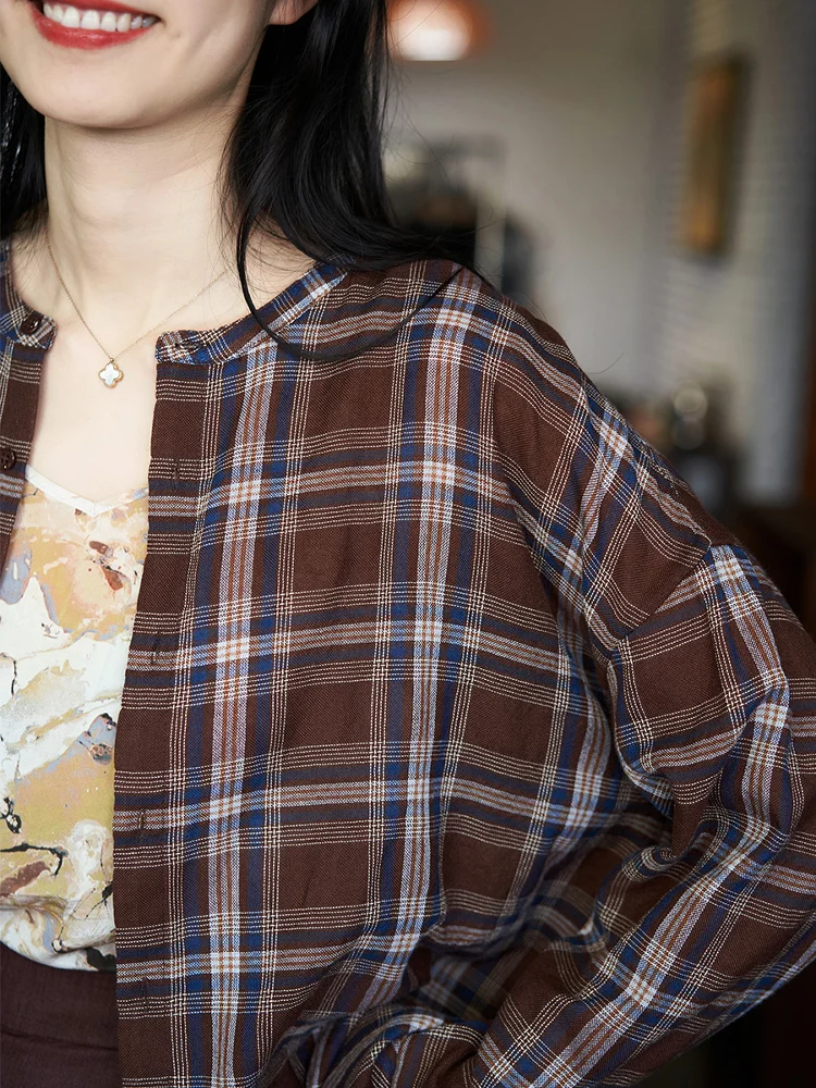 

Freeshare Casual Style Plaid Shirt Lightweight Blend Cotton Thin No Collar Loose Fit Long Sleeve Women's Spring Fashion