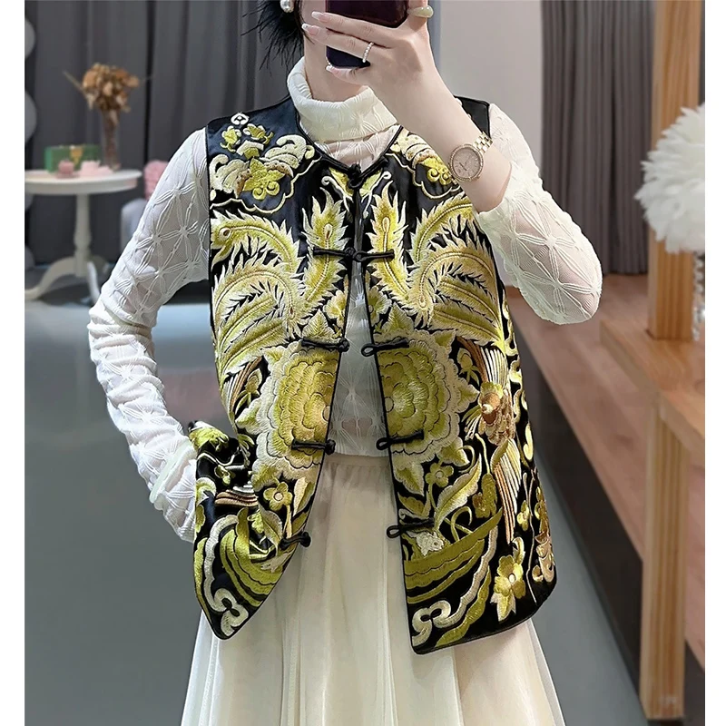 2023 Vintage Peony + Phoenix Embroidery Handmade Plate Buckle Vest Early Autumn Fashion O-Neck Acetate Lady Top S-XXL