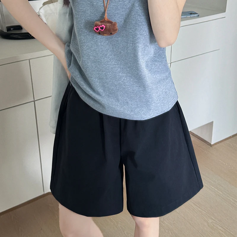 All Match High Waist Wide Leg Shorts Women Summer Solid Color Pocket Elastic Waisted Shorts Woman 2025 Korean Short Pants Female