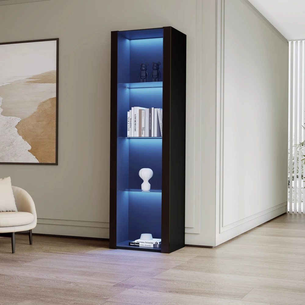 Vitrina Alta con Pantalla LED Negra/Blanca, 55x38x166cm, Librería Moderna Estrecha de Alto Brillo con Estantes de Vidrio para Sala de Estar y Dormitorio