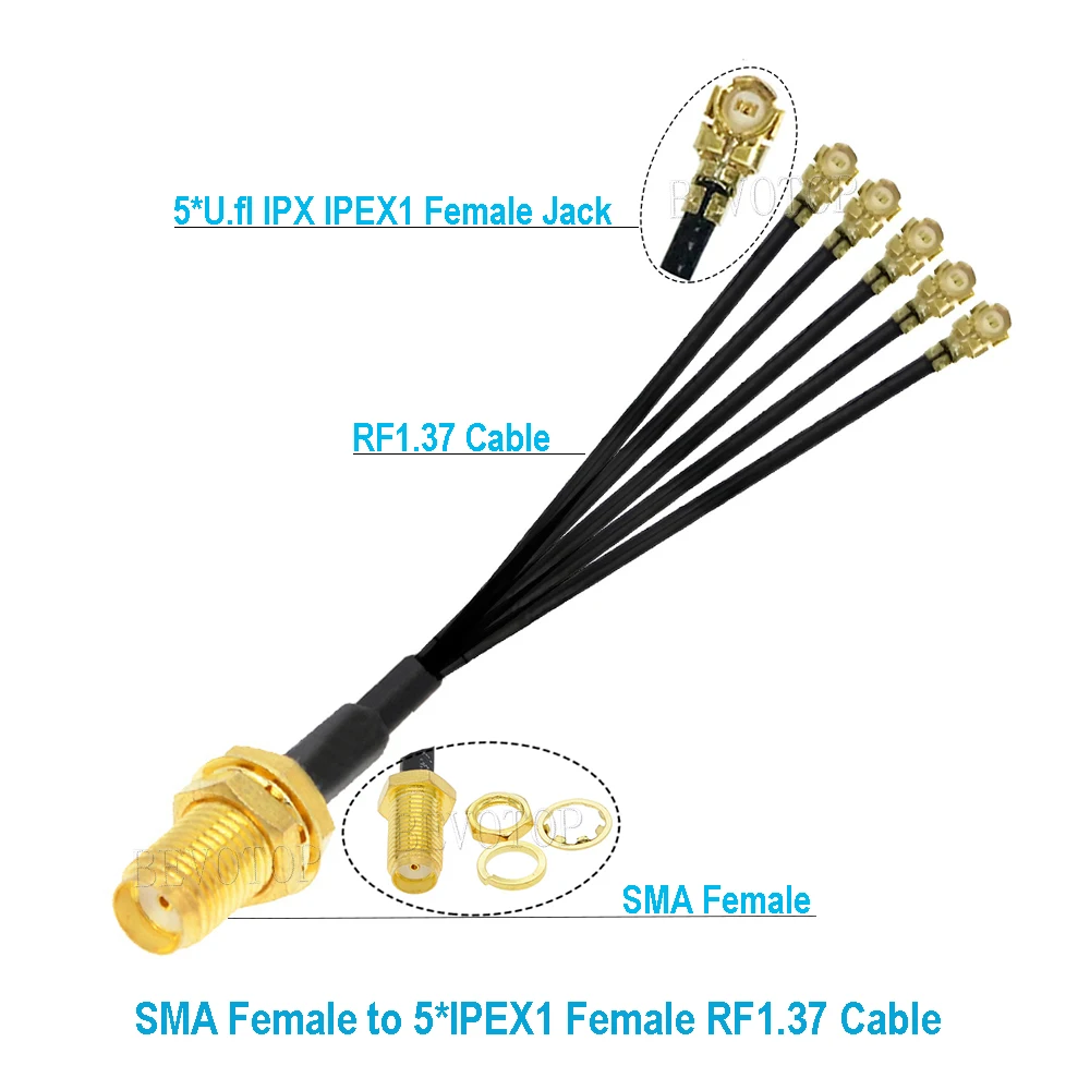 1PCS SMA to IPX Splitter RP-SMA / SMA Female to 5 x U.fl Female1 RF1.37 Cable WIFI Antenna Extension Jumper Pigtail