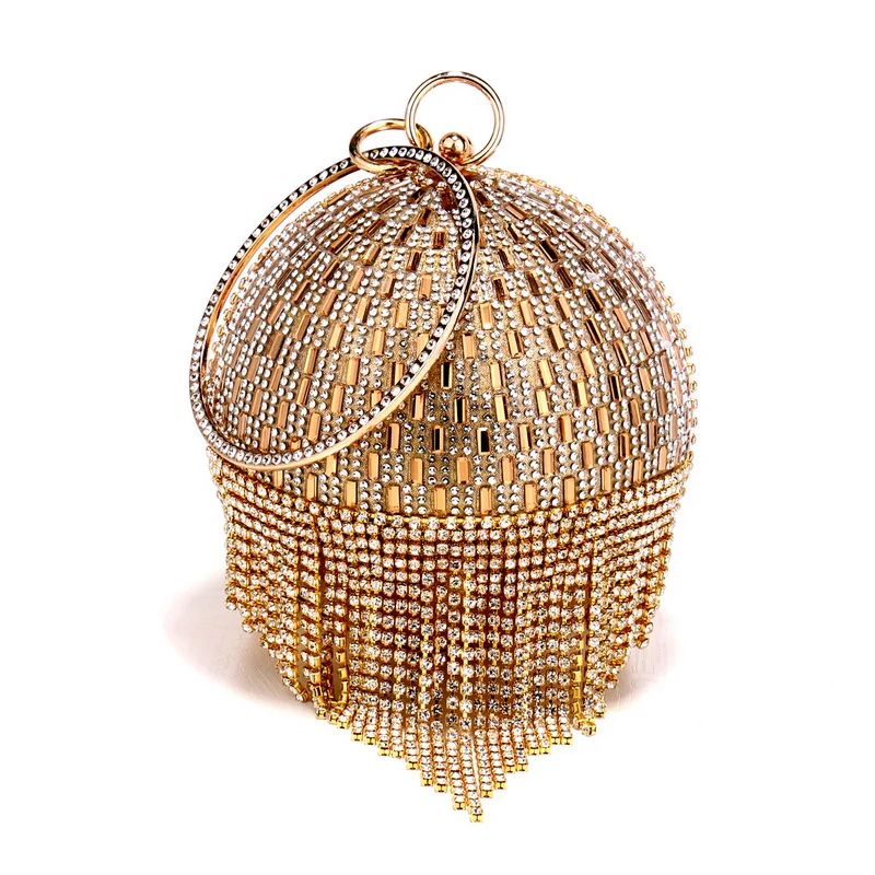 

Diamond Tassel Circular Round Evening Bag Luxury Design Women's Gold/Sliver Rhinestone Crystal Clutches Evening Wedding Handbag