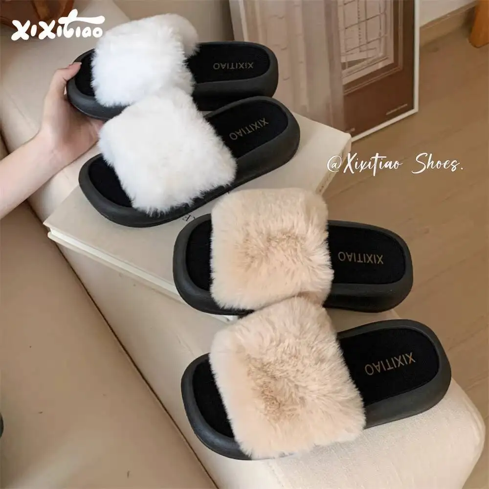 

Women's Fashion Korean Style Furry Slide Slippers Versatile Thick-Soled Anti Slip Winter Autumn Cotton Slippers for Outdoor Wear