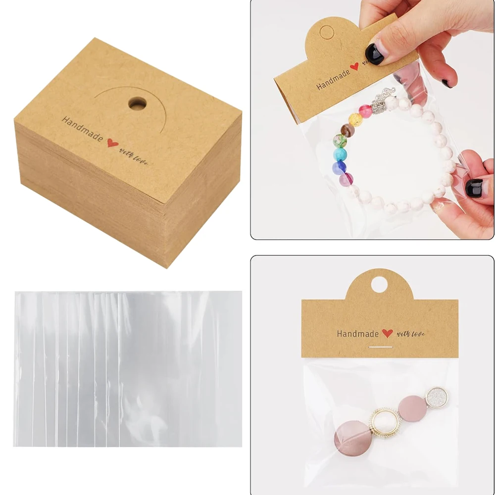 100 pièces de sacs d'emballage pour bijoux, comprenant 50 sacs et 50 cartes, sacs transparents pour l'affichage de bijoux, bracelets, boucles d'oreilles, ensembles d'emballage pour l'artisanat
