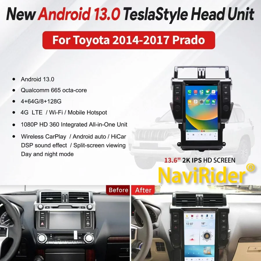 13.6inch For Toyota Land Cruiser Prado 150 LC150 2010-2017 Vertical Screen Car Radio Android Multimedia Player GPS Navi Headuint