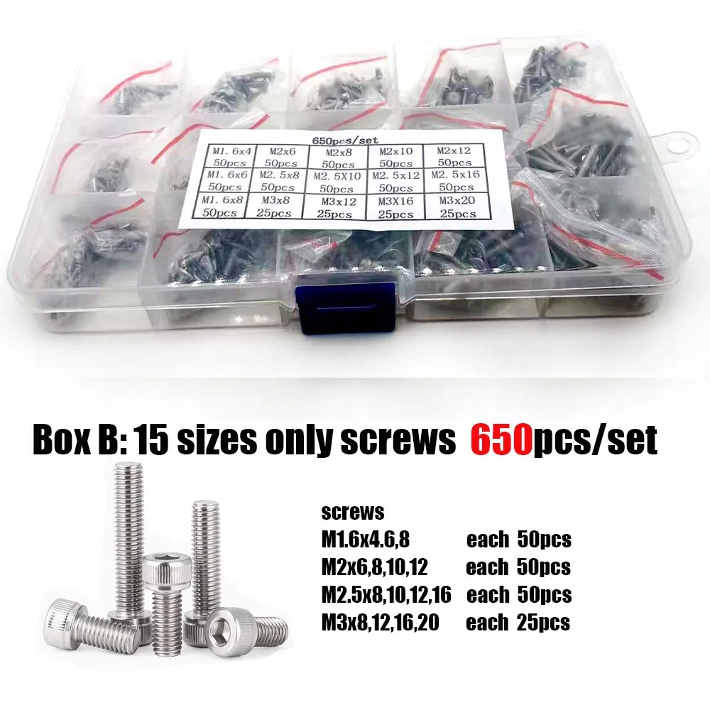 400/650/1140/2100pcs M1.6 M2 M2.5 M3 M4 M5 304 Stainless Steel Hexagon Hex Socket Cap Head Screw Bolt Nut Set Assortment Kit Box