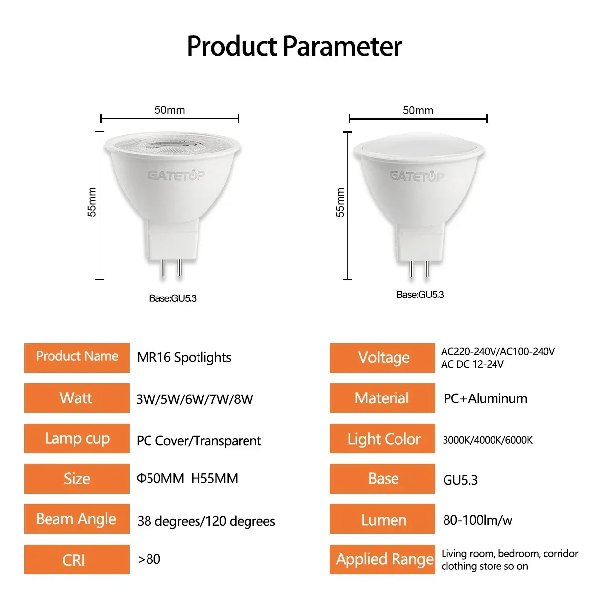 Imagem -02 - Refletor Led de Eficiência Energética para Decoração de Casa Lâmpada Foco Mr16 Base Gu5.3 ac 230v ac 110v dc 12v 3000k 4000k 6000k Peças 12