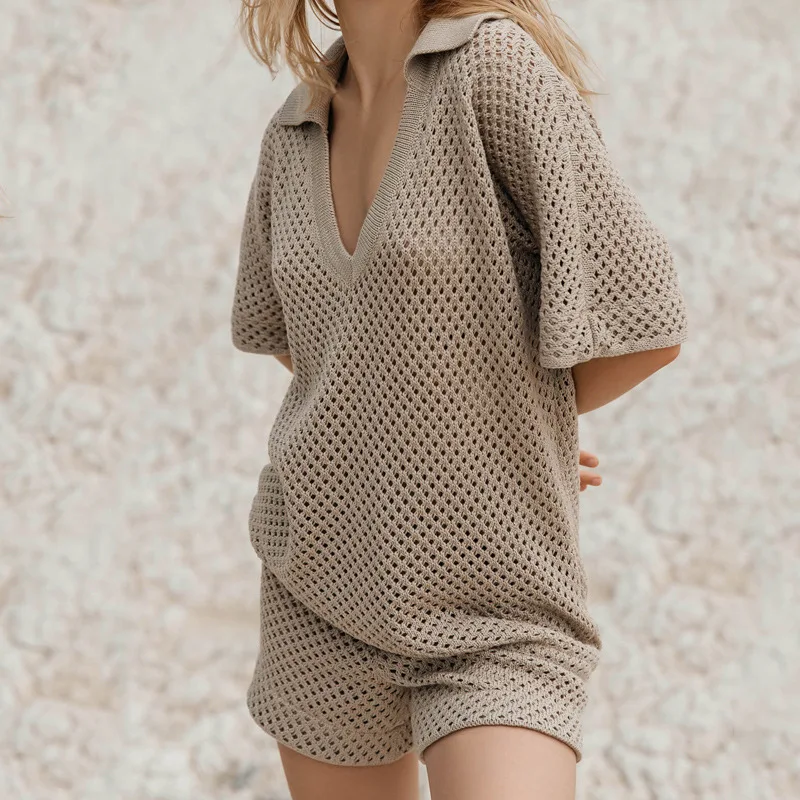 European American Spring Summer New Design Sense Fashionable V-neck Casual Women's Hollowed-out Short-sleeved Short-shorts Set