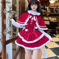 Winter Sweet Christmas Red Lolita 3 Piece Set Women Japanese Lace Up Hoodie Cloak Solid Top Cute Dress Suit Female Kawaii Outfit