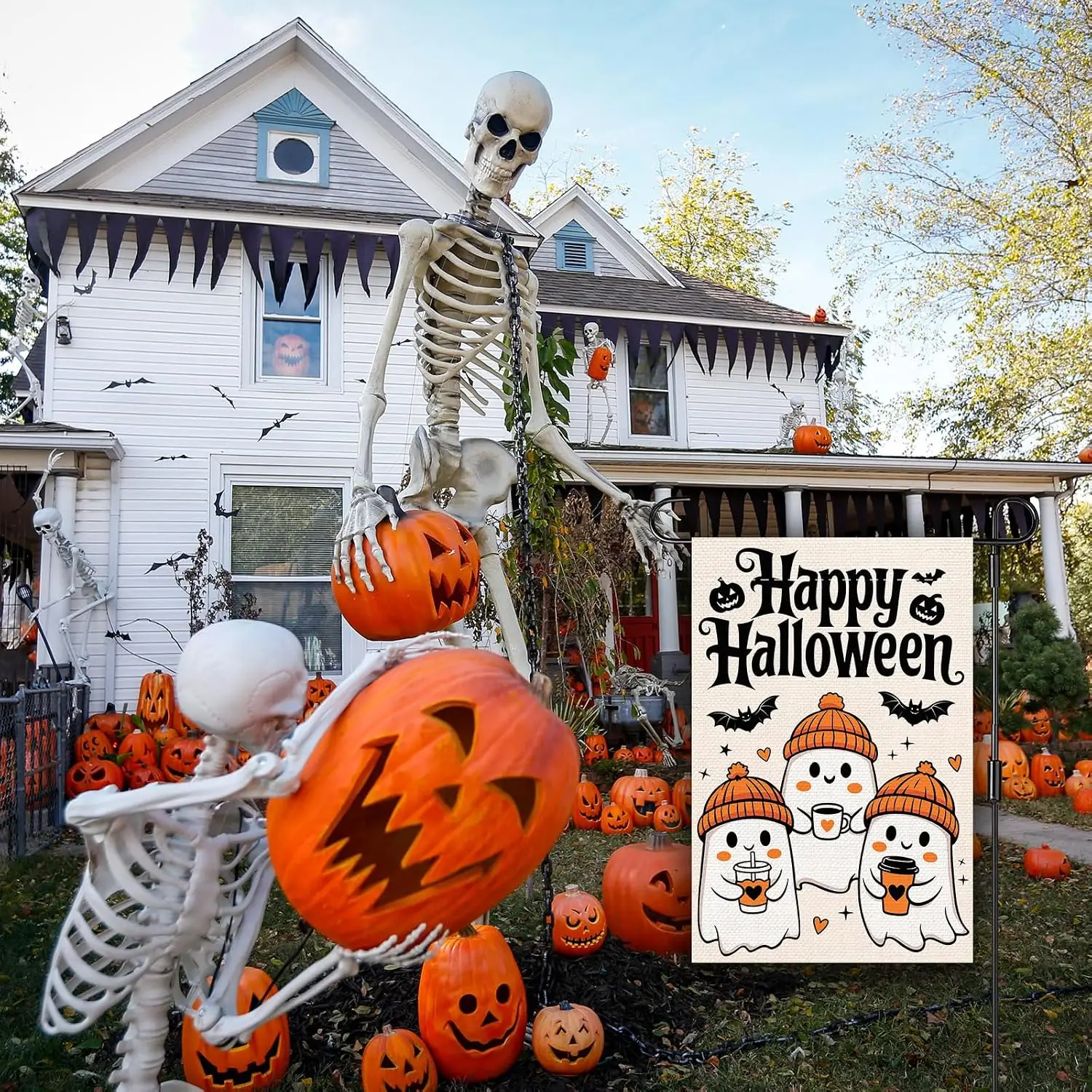 Happy Halloween Ghost Garden Flag 12×18 Inch Double Sided Burlap Yard Flag Cute Ghost Wearing Knit Hat Outdoor Decor Flag Ha xxl