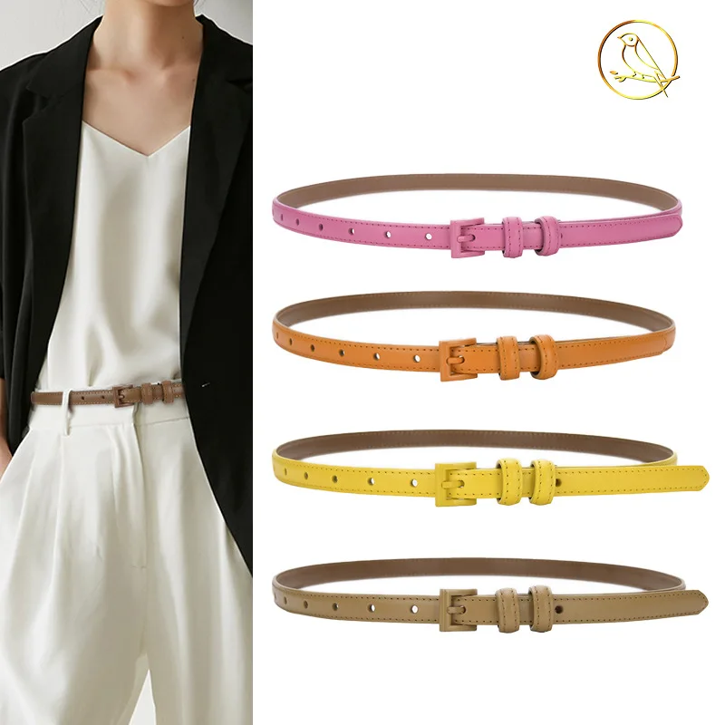 

Fashion Women Slim Cowhide Belts Candy Color Summer Jeans Dress Strap Waist Belt Pink Yellow Women Adjustable Real Leather Belt