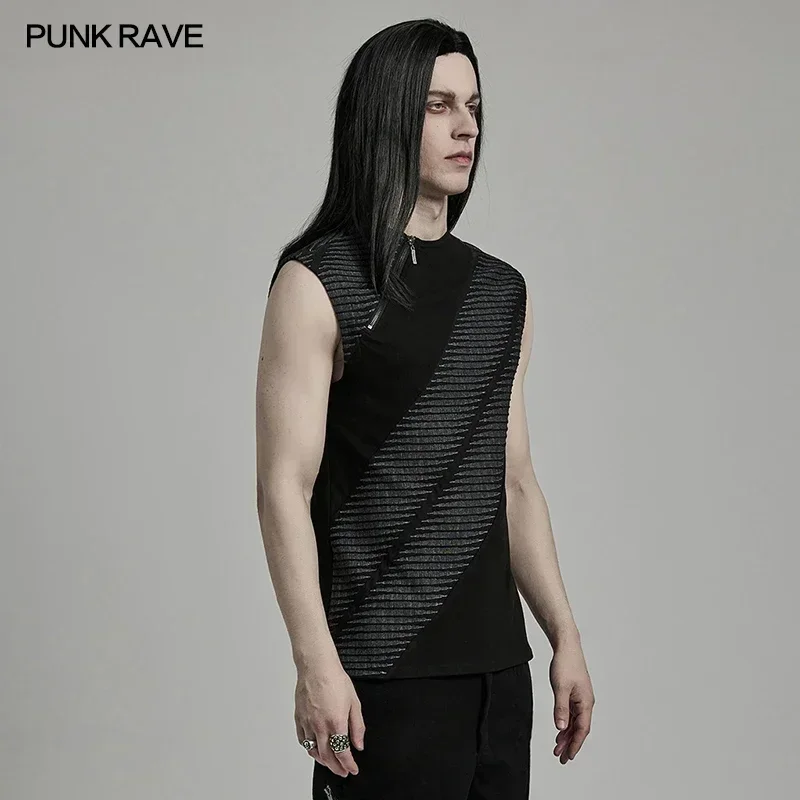 PUNK RAVE Men's Punk Creative Splicing Personalized Tank Top 3D Jacquard Rebellious Personality Tops Tees Streetwear Summer